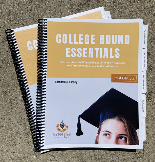 This is the workbook for our flagship "College Bounmd Essentials" workshop.  The workbook will keep you organized and informed during your college preparations.  Sectuion include: Useful Resources, Setting Your College Admissions Game Plan, Finding Your Best Fit Colleges, and Identifying Sources of Financial Aid and Scholarships. 